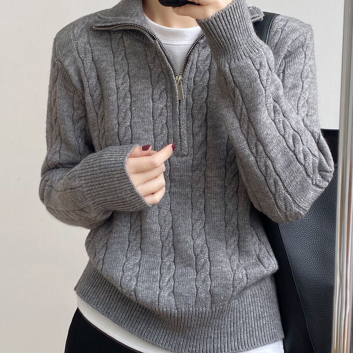 Femme Kabelstrik V-kvart-lynlå Pullover Sweater Stilla