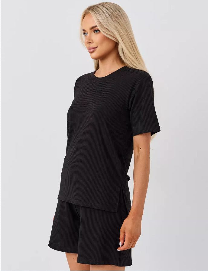 Dame afslappet ribstrik to-delt sæt med shorts og T-shirt Stilla