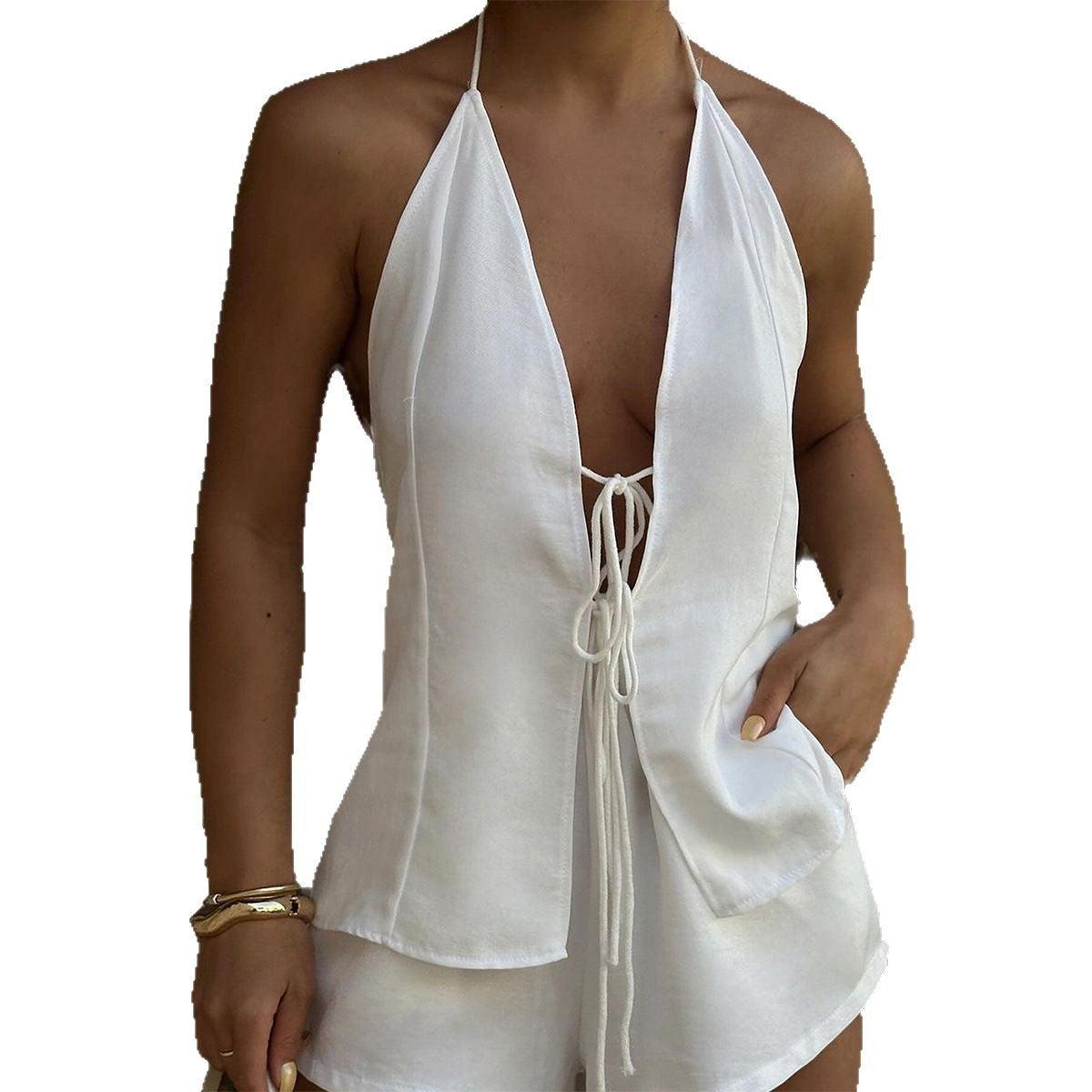 Dame kort sommer jumpsuit med ærmeløs design og bindebånd Stilla