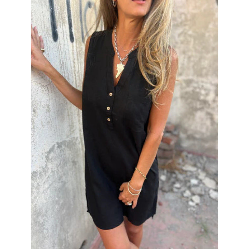 Dame afslappet linnedkjole med knapliste og sidelæg Stilla