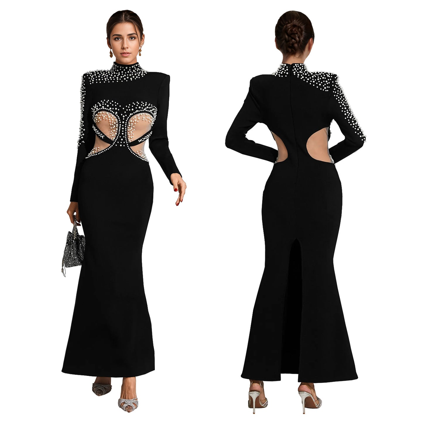 Dame Elegant Bodycon Aftenkjole med Rhinsten dekorationer og Cut-Out detaljer Stilla