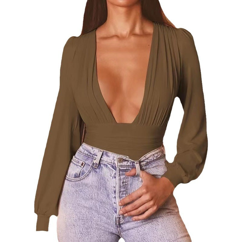 Dame Elegant Dyb V-Udskæring Bodysuit Stilla