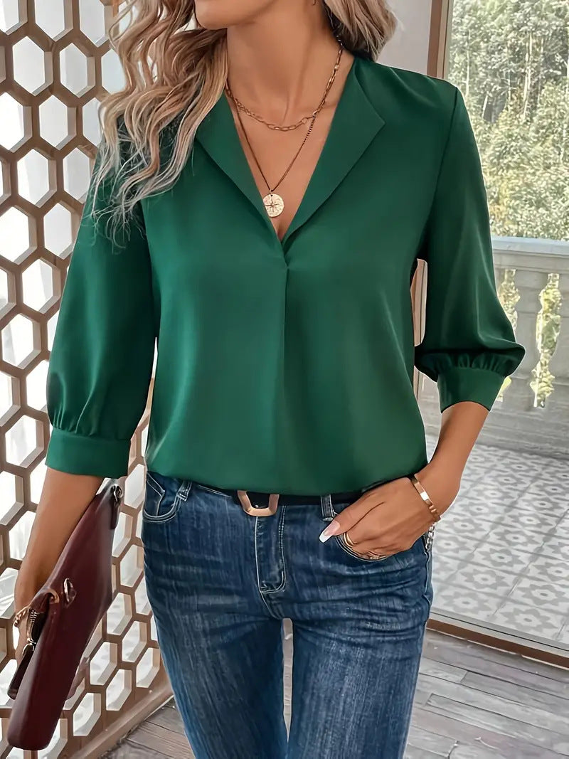 Dame afslappet bluse med 3/4 ærmer og elegant krave Stilla