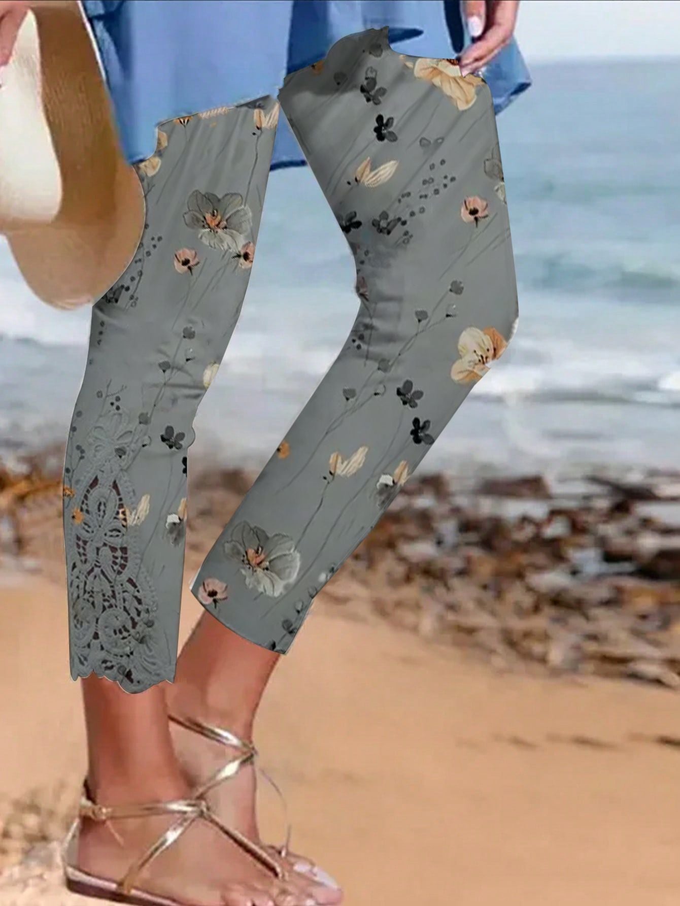 Damer blomster mønster leggings med spids kant Stilla