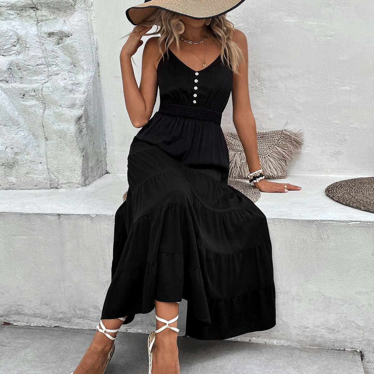 Dame Elegant Button-Down Maxi-Kjole med side split Stilla