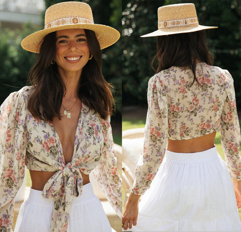 Dame Cropped-bluse med blomsterprint og legende knude Stilla