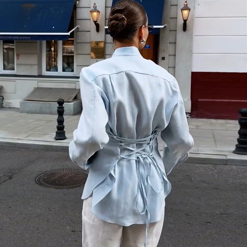 Dame Elegant Bluse med lange ærmer og stilfuldt bånd Stilla