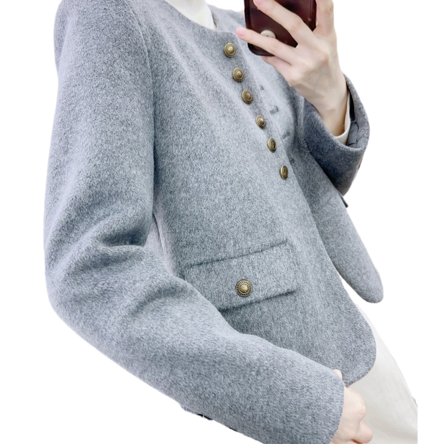 Dame elegant Boucle-jakke med dekorative knapper og praktiske lommer Stilla