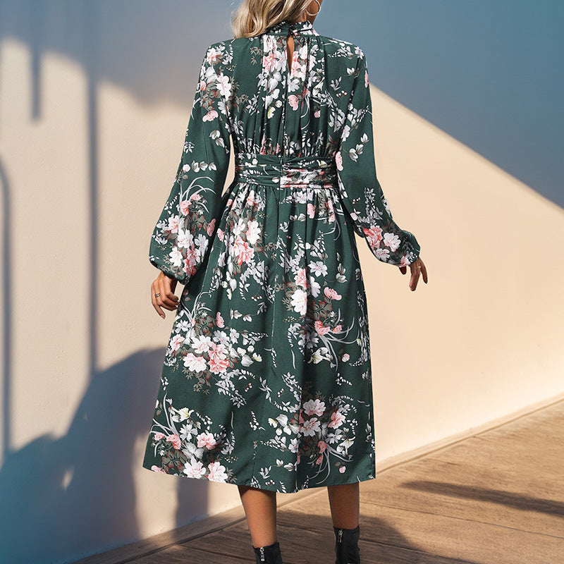 Dame Elegant Floral Midi Kjole med Puffærmer Stilla