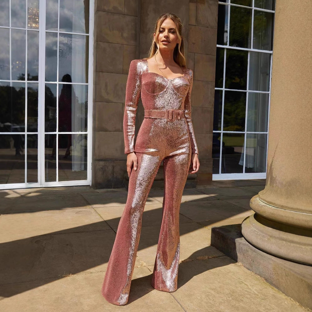 Damer Glitrende Jumpsuit med vide ben og taljebælte Stilla