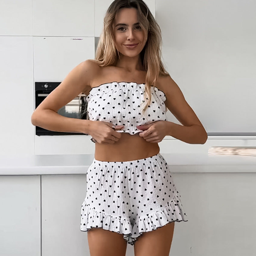 Dame Crop-Top og Shorts-Sæt med Flæse Detaljer Stilla