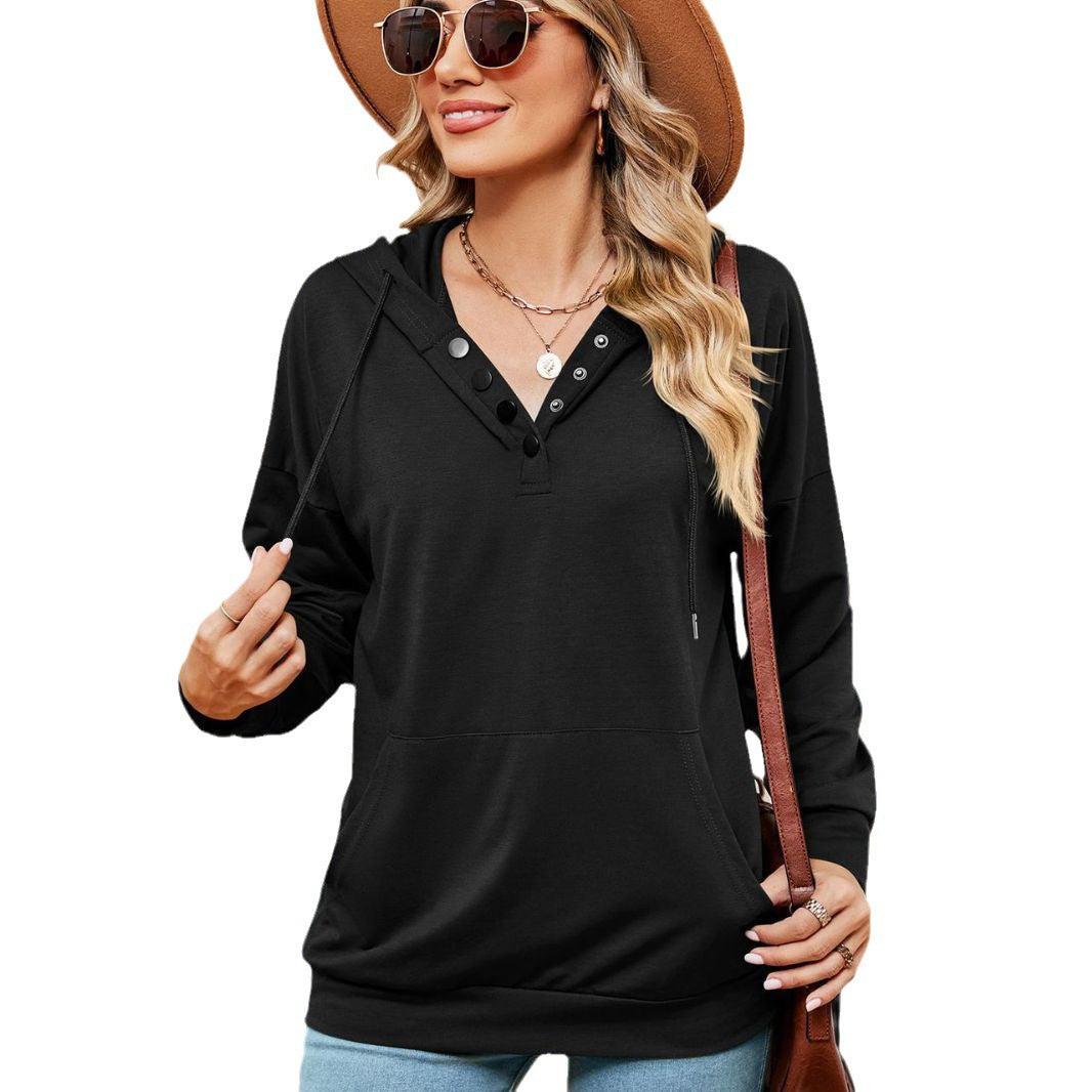 Dame afslappet hoodie med knapdetalje og kængurulomme Stilla