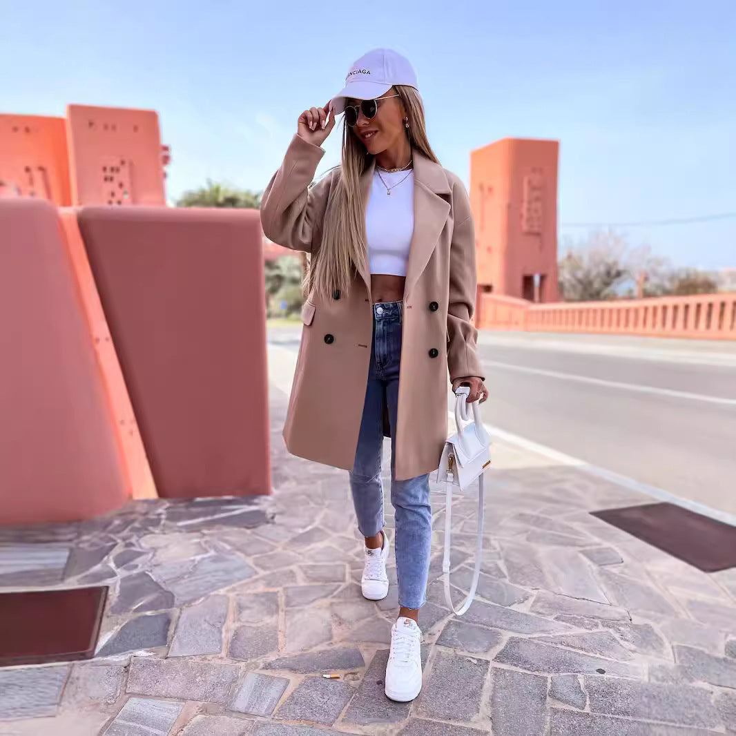 Dame elegant dobbeltknap frakke med smal pasform og praktiske lommer Stiila