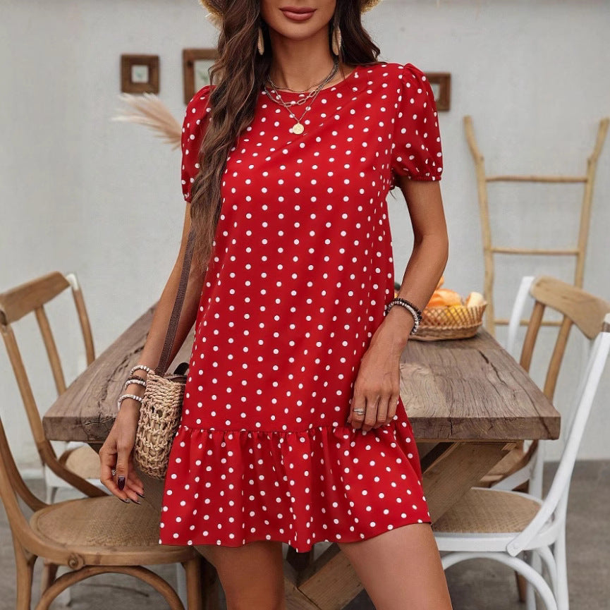 Dame Polka Dot Sommerkjole med Flæsekant og Puffærmer Stilla