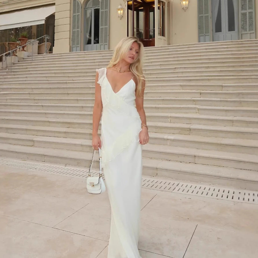 Dame elegant aftenkjole med asymmetrisk flæse Stilla