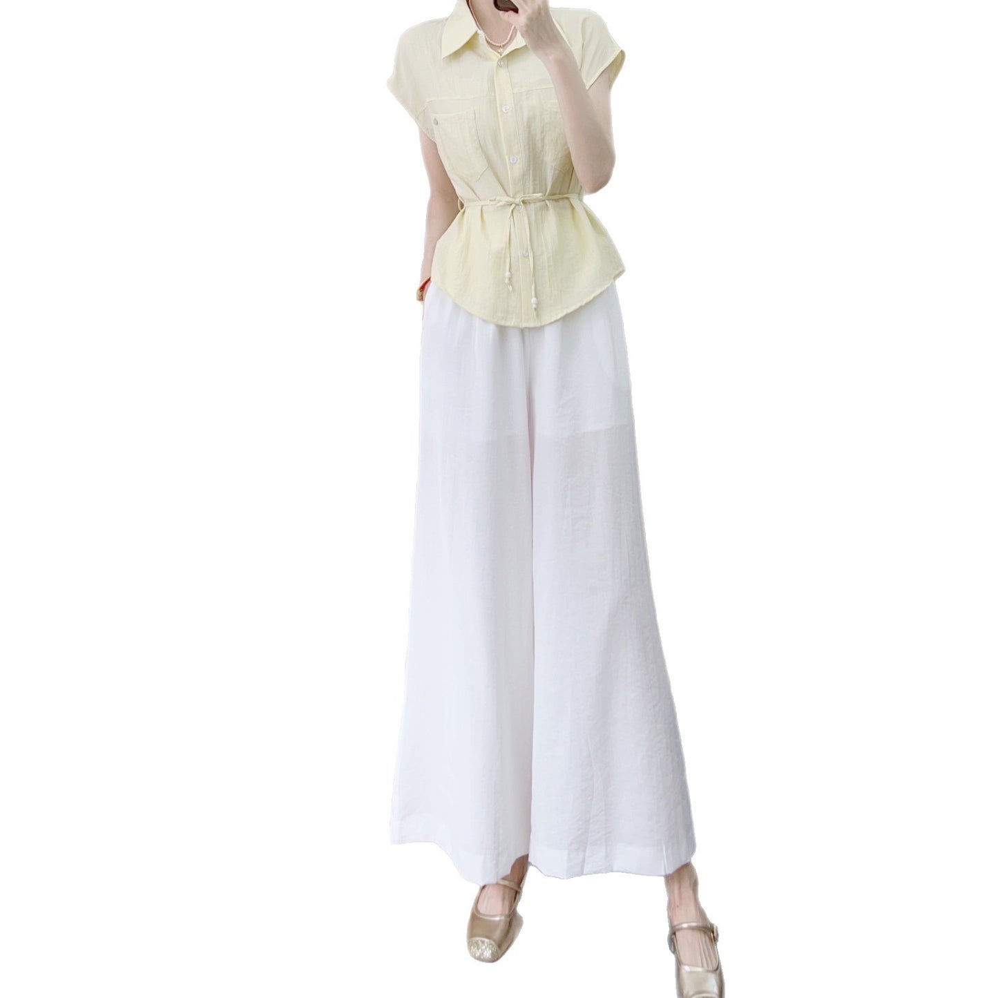 Dame Elegant Bluse med taljerbart bælte og bred, luftig bukser Stilla