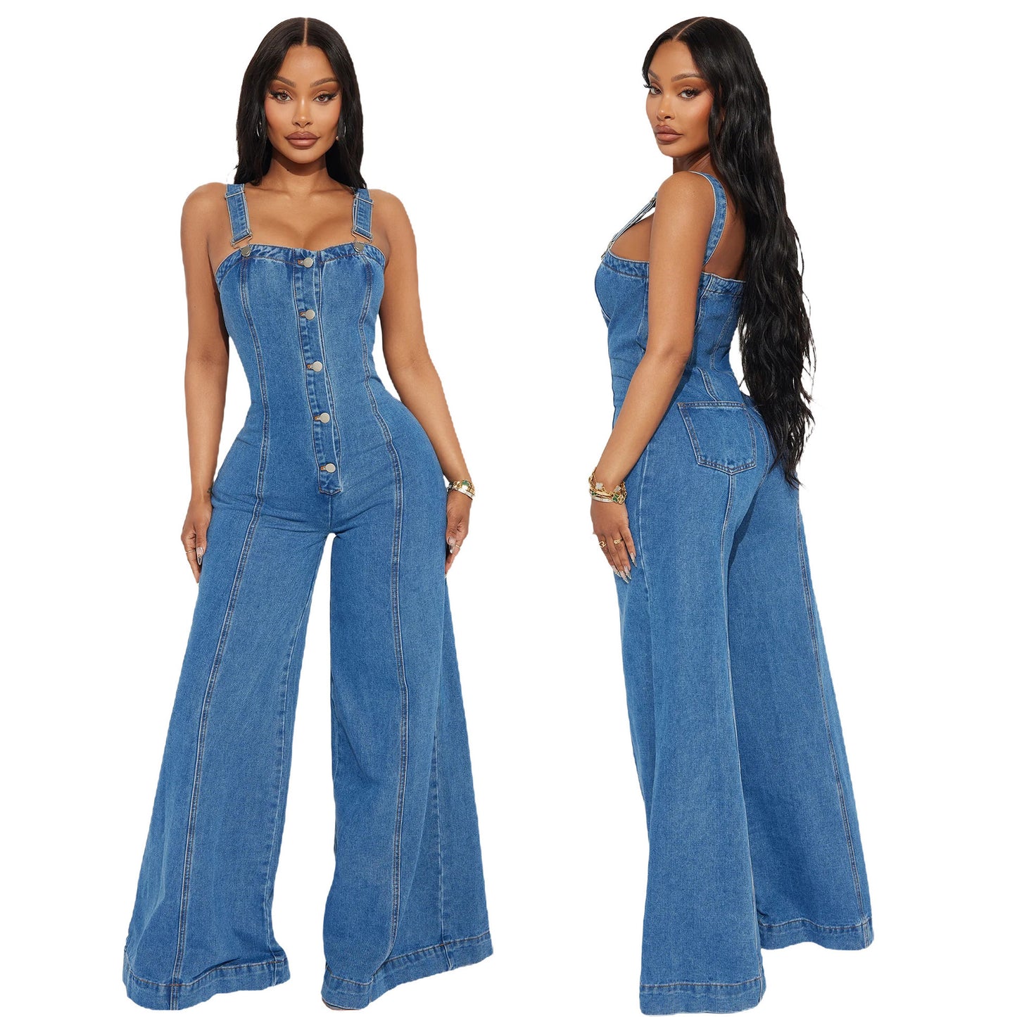 Dame jumpsuit med bred ben og knapdetaljer Stilla