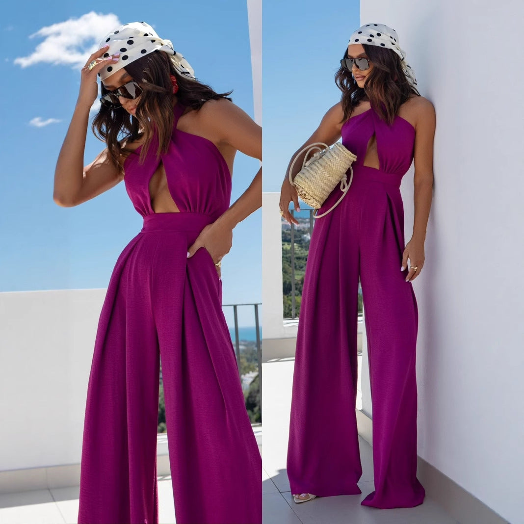 Dame elegant jumpsuit med åben ryg og voluminøse bukseben Stilla