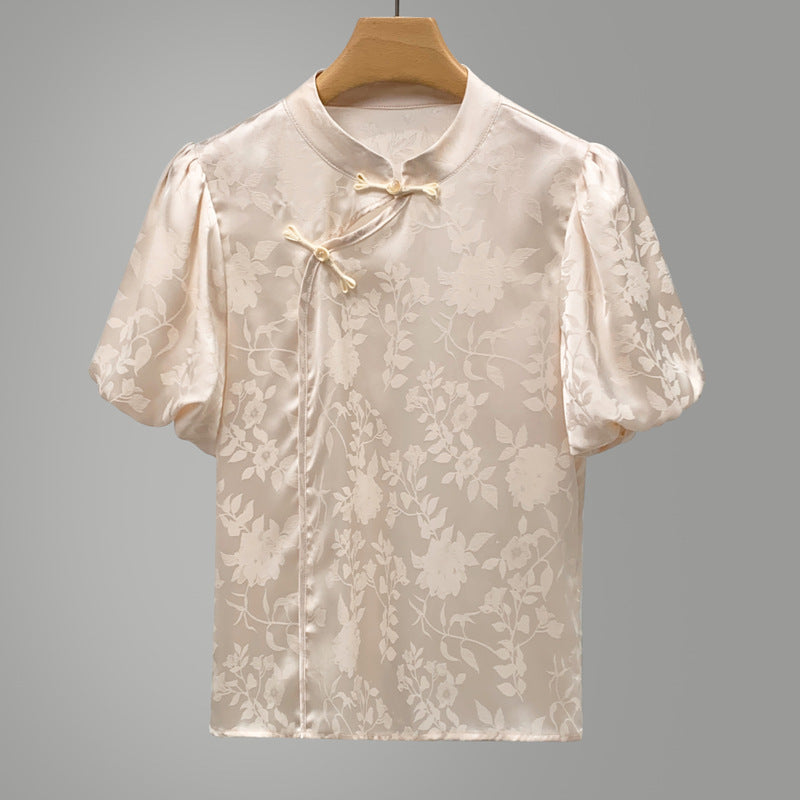 Dame Elegant Blusenshirt med blomsterapplikationer og puffærmer Stilla