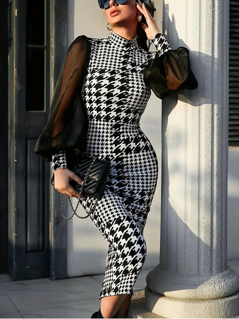 Dame Elegant Jumpsuit med transparente puffærmer og houndstooth mønster Stilla
