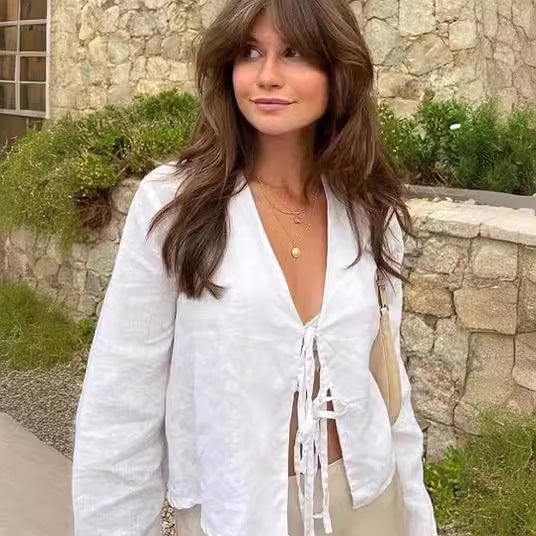 Dame afslappet linnedjakke med knudeåbning Stilla