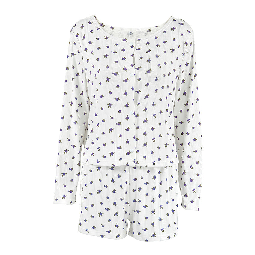Dame afslappet pyjamas-sæt med blomsterprint og åndbart materiale Stilla