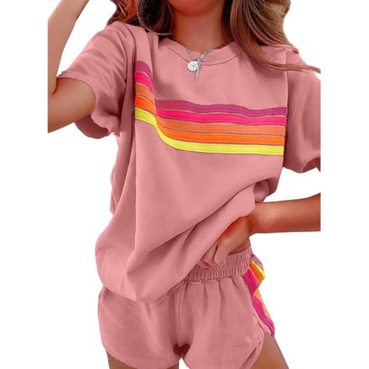 Dame afslappet fritids-sæt med stribet T-shirt og shorts Stilla