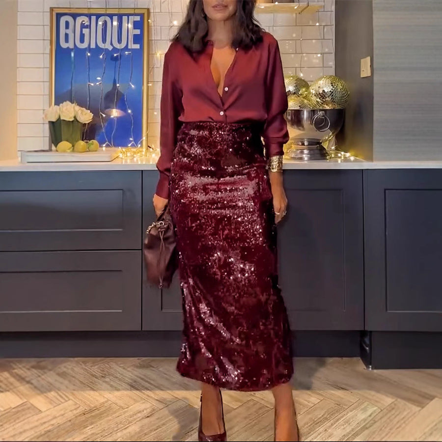 Dame Elegant Bluse med glat satin-overflade og dyb udskæring Stiila