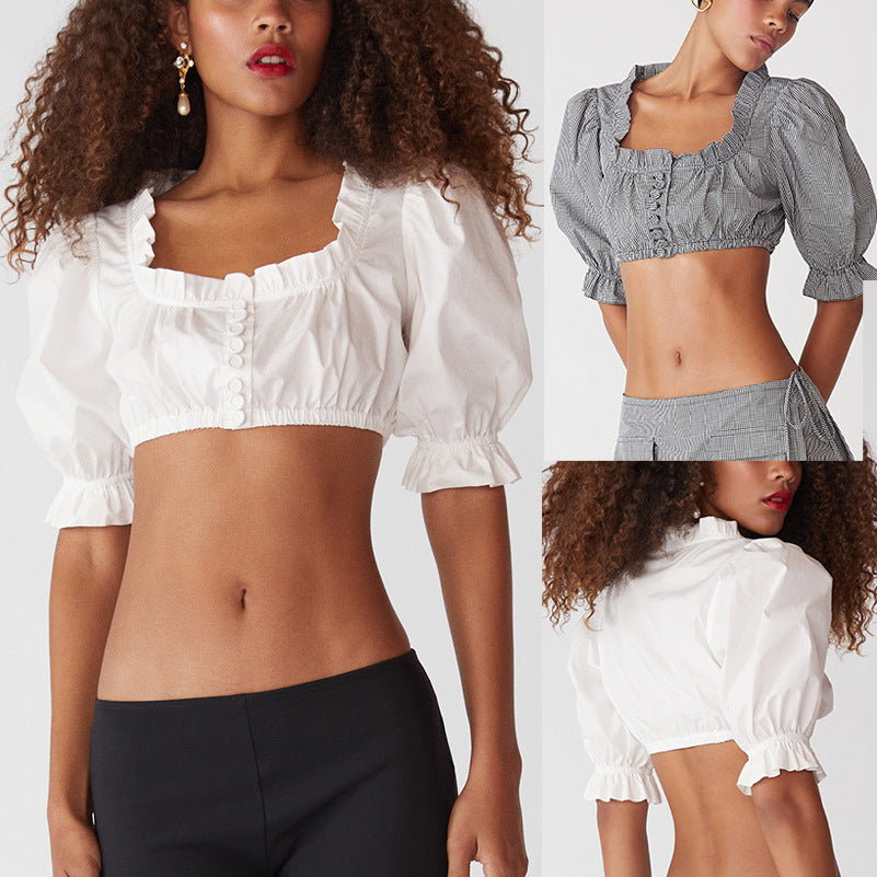 Dame Puffærme Cropped Bluse med Flæse Detaljer Stilla