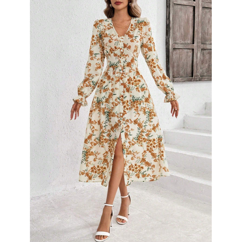 Dame Elegant Floral Tryk Maxi Kjole med Høj Slids Stilla