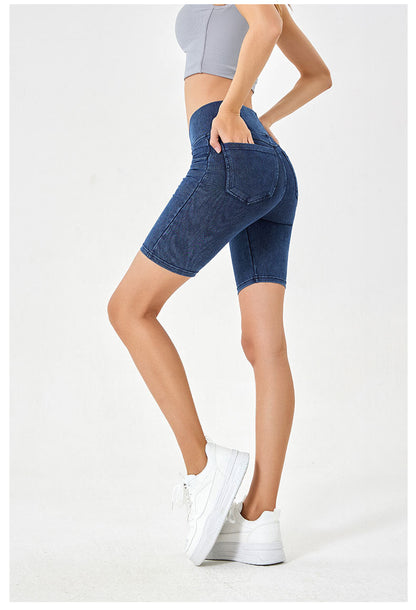 Stilla | High Waist Stretchy Denim Shorts Til Kvinder Slim Fit, Lommeret Sports Ydertøj