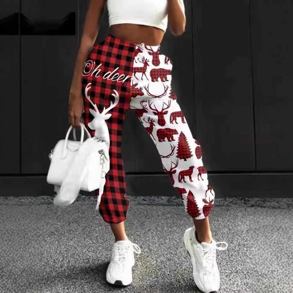 Dame afslappede fritidsbukser med festligt snemandsdesign og ternet mønster Stiila