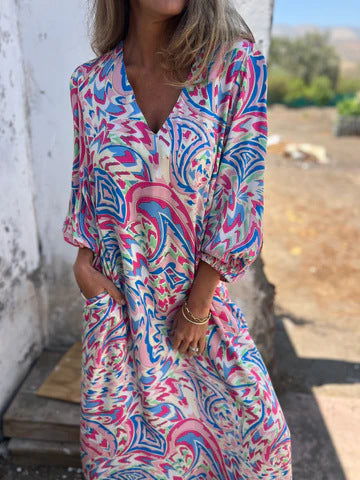 Stilla | Elegant Kvinders Forår Sommer Print V-Hals Kjole