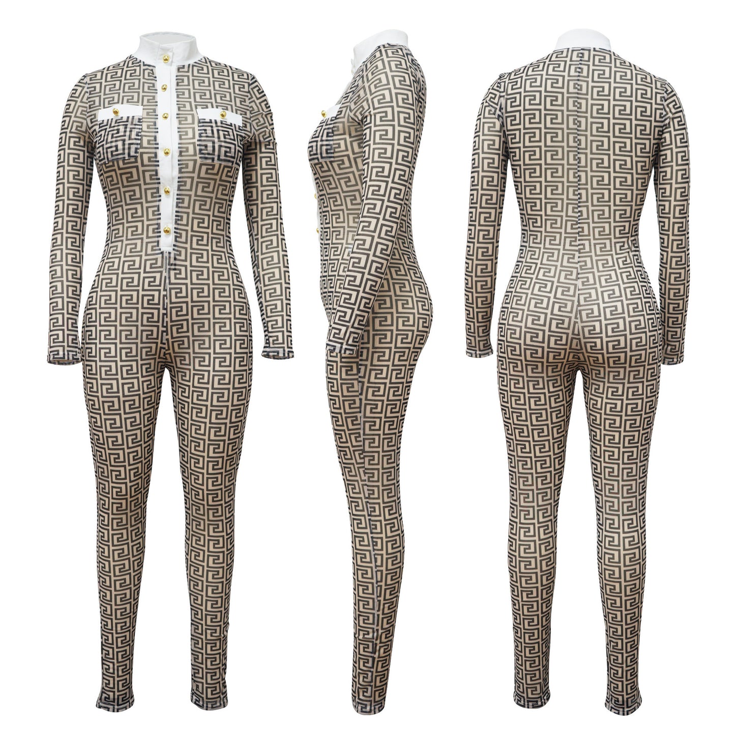Dame tætsiddende jumpsuit med grafisk mønster og knaplukning Stilla