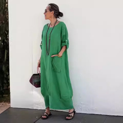 Dame afslappet linned maxikjole med sidesammenfoldninger Stiila