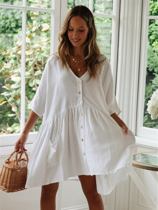 Dame afslappet kortærmet kjole med knapdetalje og lomme Stilla