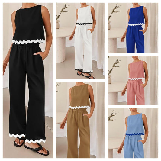 Dame trendy jumpsuit med bred ben og dekorativ bølgekant Stilla