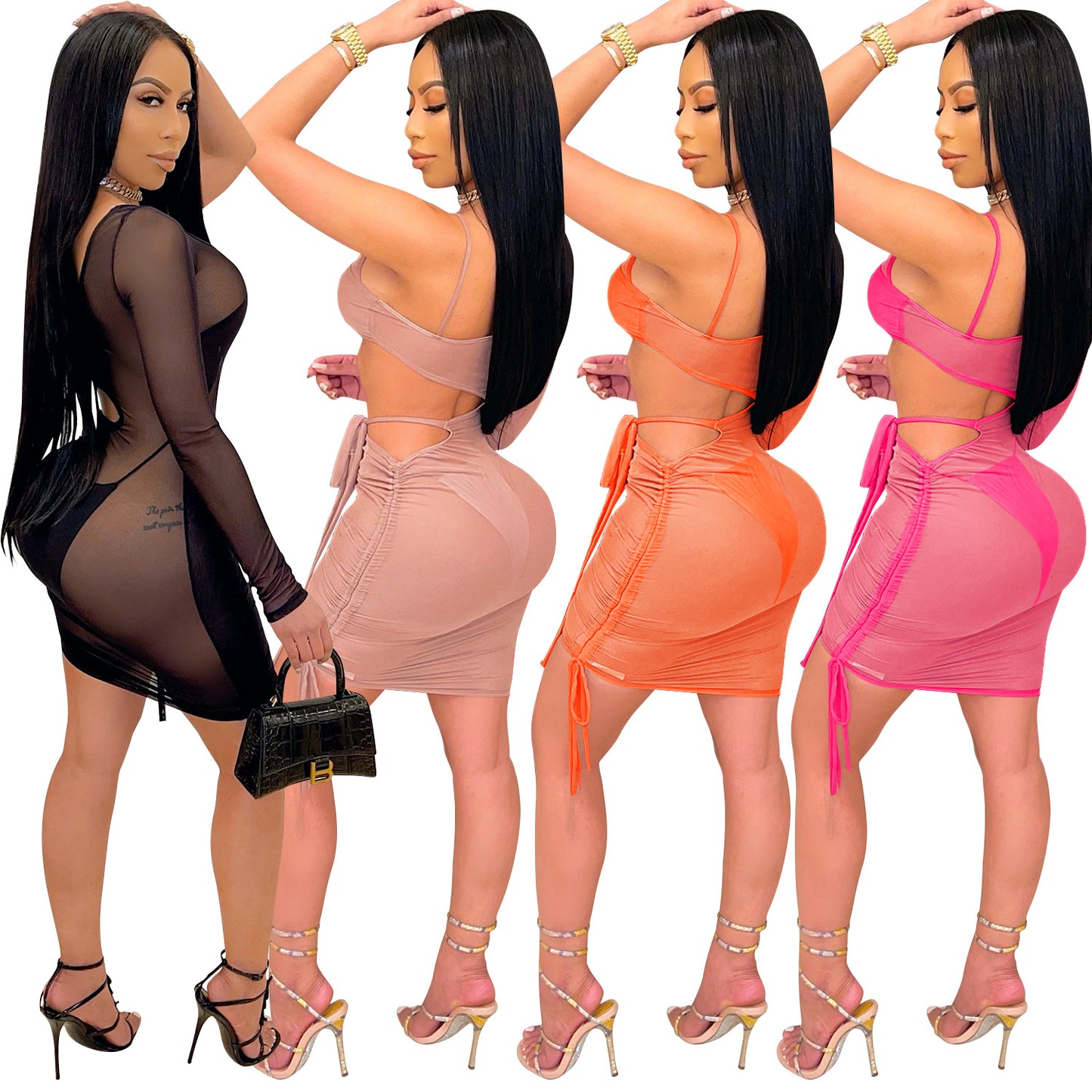 Dame Cut-Out Minikjole lavet af gennemsigtigt mesh med raffineret snøring Stilla