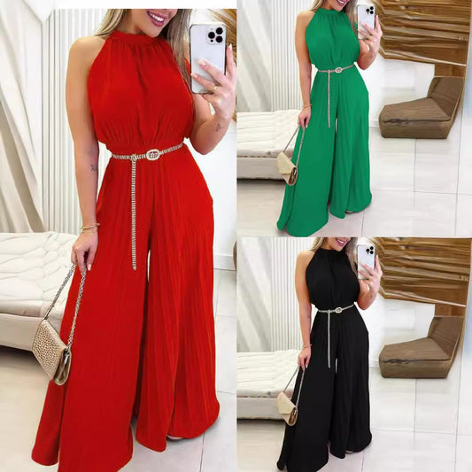 Dame Elegant Jumpsuit med bredt ben og taljebælte Stilla