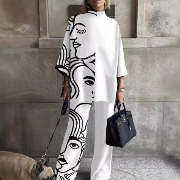 Dame afslappet lounge-sæt med blomsterprint og høj krave Stilla