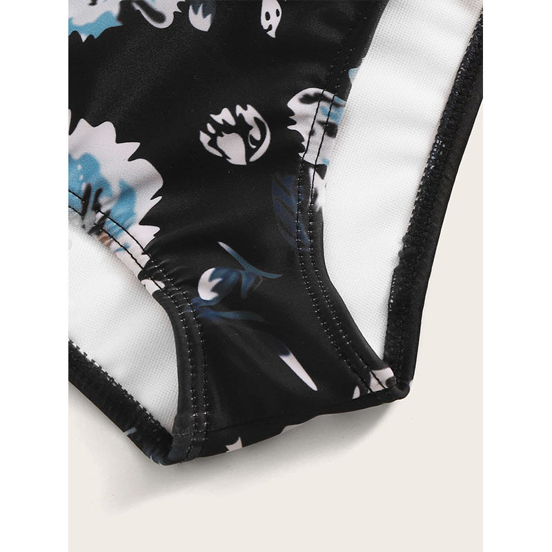 Dame Elegant Én-delt Badedragt med voluminøs Blonder Krave og Floral Design Stilla