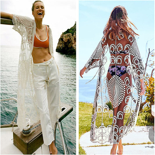 Dame elegant gennemsigtig strandkappe med kunstfærdig spidsudsmykning Stilla