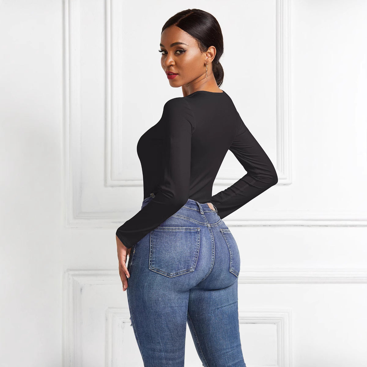 Damer Langærmet Bodysuit med figursyende snit og elegant Rundhalset Stilla