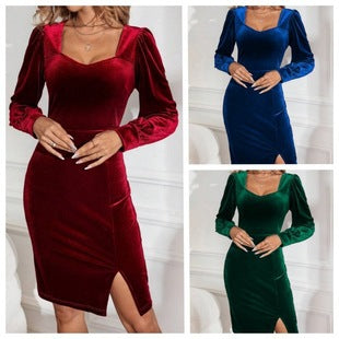 Dame elegant fløjlskjole med puffærmer og slids Stilla