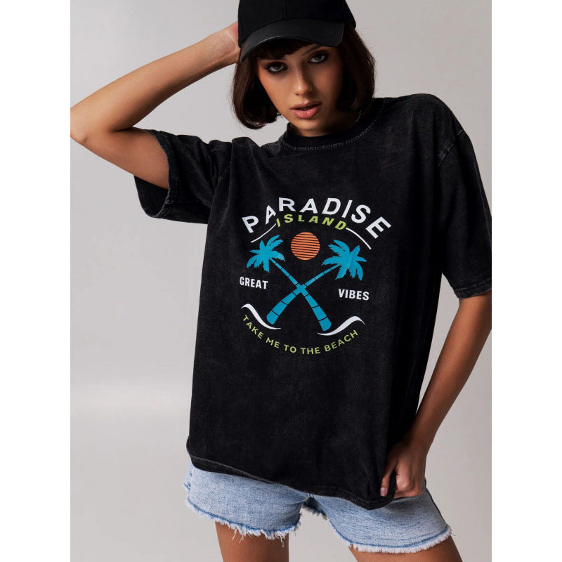 Dame afslappet grafik T-shirt med tropisk strandmotiv Stilla