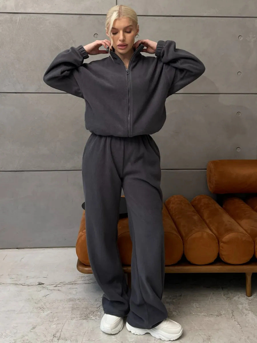 Dame Elegant fleece træningssæt med høj krave og bredt ben Stilla