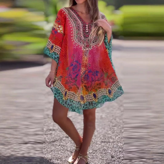 Dame afslappet kaftan kjole med V-udskæring og eksklusive trykmønstre Stilla