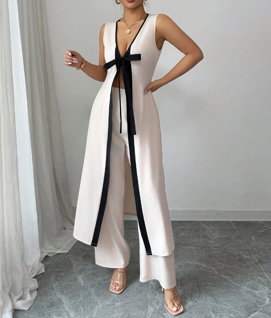 Dame elegant bred ben jumpsuit med bindefrontdetalje Stilla