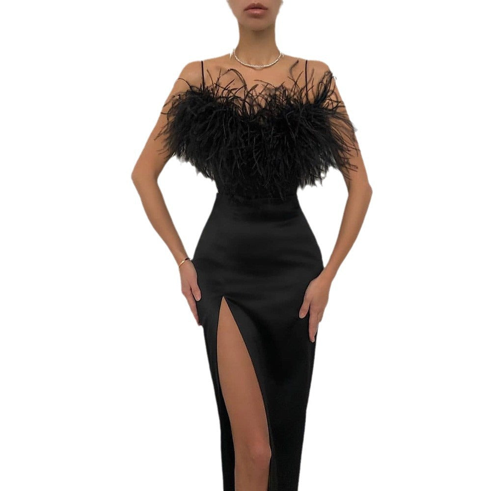 Dame Elegant Aftenkjole med fine Federaccenter og tætsiddende snit Stilla