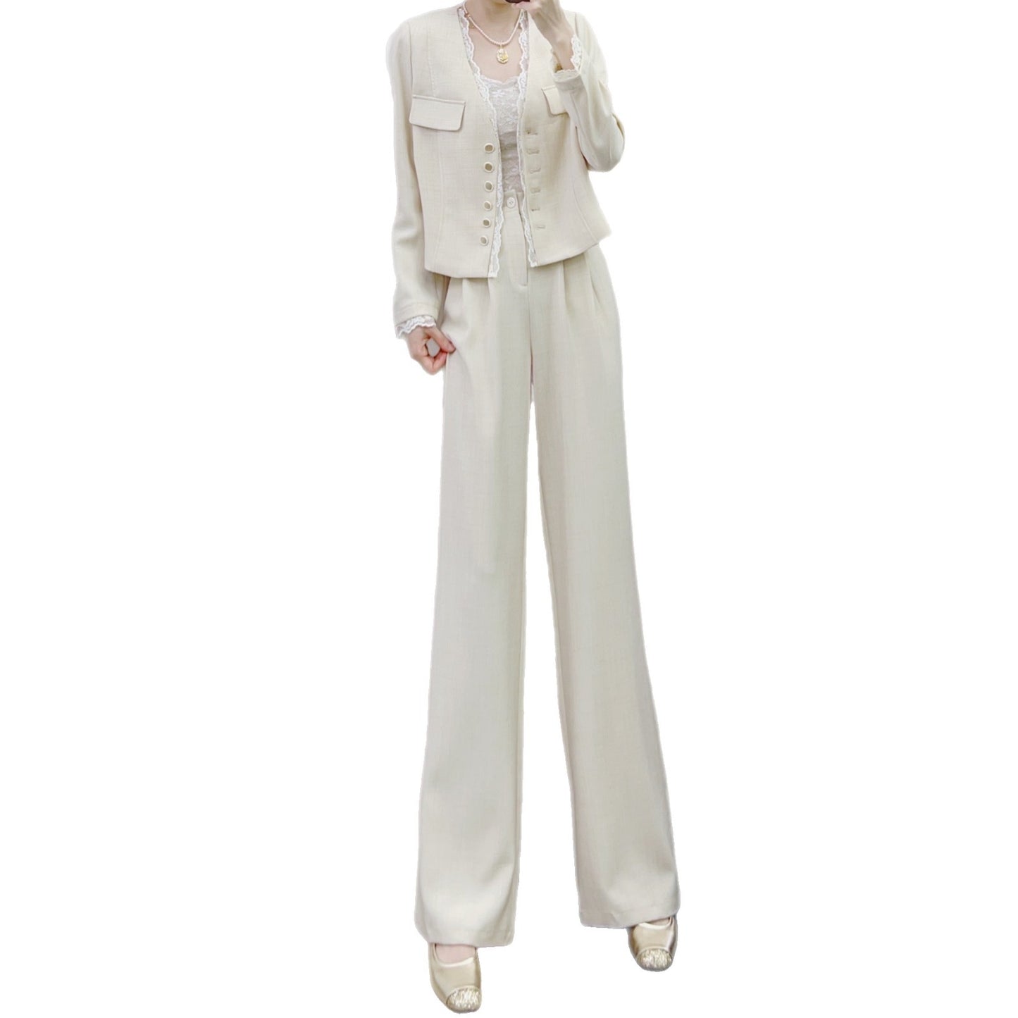 Dame elegant blazer-bukser-sæt med høj kvalitet tekstur og dekorative knapdetaljer Stilla